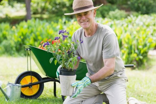 A middle-aged man in a light grey T-shirt, wearing a straw hat and gardening gloves, is kneeling on a lush green lawn in a well-maintained garden. He is holding a potted plant with purple and red flowers, presenting it towards the camera with a smile. Behind him, there is a black wheelbarrow with a bright yellow wheel, partially filled with garden tools and soil. The background features neatly trimmed hedges, mature trees, and a variety of greenery, indicating a landscaped outdoor space typical of residential gardens in Soho. The scene is captured in natural daylight, suggesting fair weather and good visibility for outdoor gardening activities. The environment around him appears tidy and organized, reflecting careful garden maintenance, which aligns with professional gardening services offered by Hedge Trimming Soho. This setting showcases a vibrant, healthy garden landscape with defined lawn areas, supporting outdoor lawn and hedge care in Londonâ€™s Soho area.